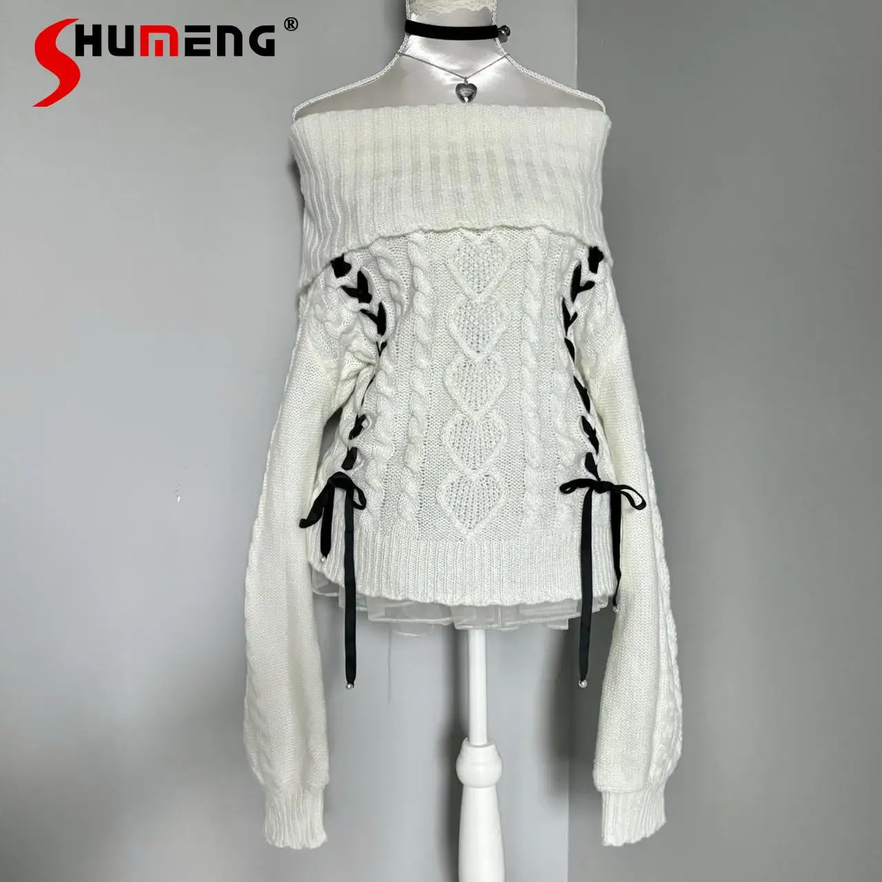 Original White Off-Shoulder Sweaters Female Slim Fit Elegant Straps Long-sleeved Knitwear Top Lady Knitted Pullovers Autumn