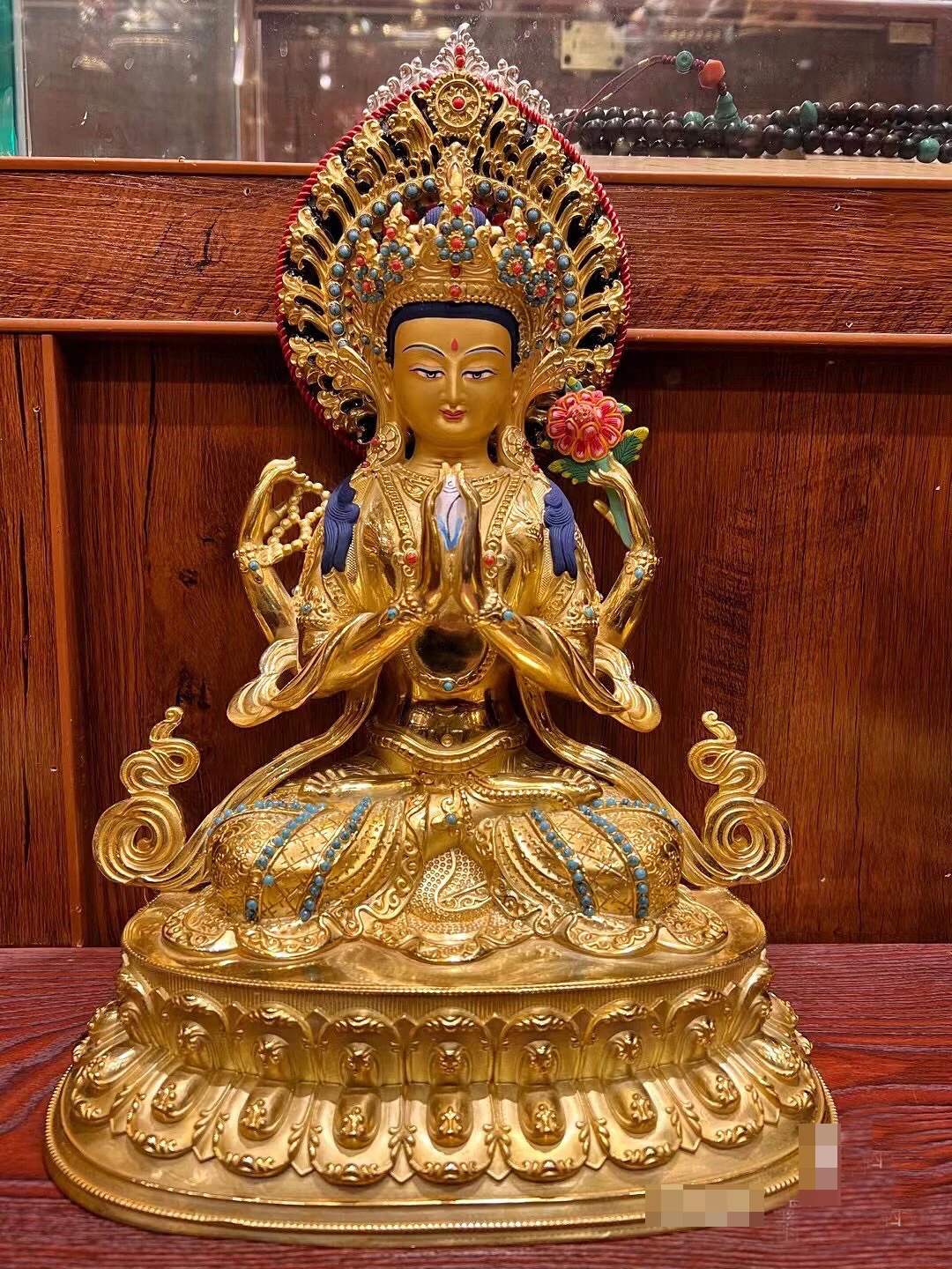 36cm large 5A Buddhism gilding copper Buddha statue HOME Exorcism family safety worship Four armed Guanyin