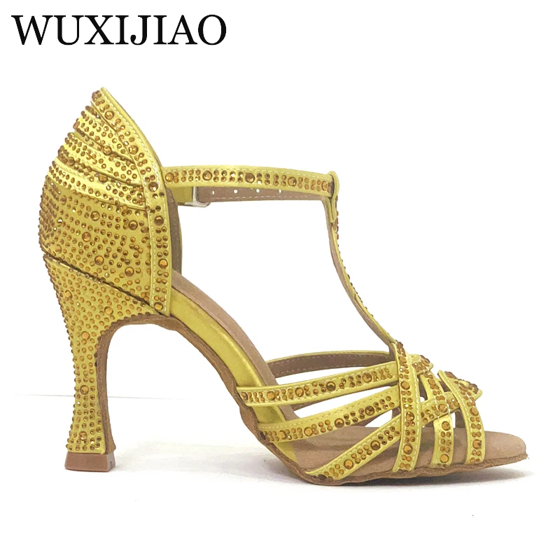 WUXIJIAO Classic Yellow Satin Latin Dance Shoes British Style Water Diamond Dance Shoes Sasha Tango Dance Shoes