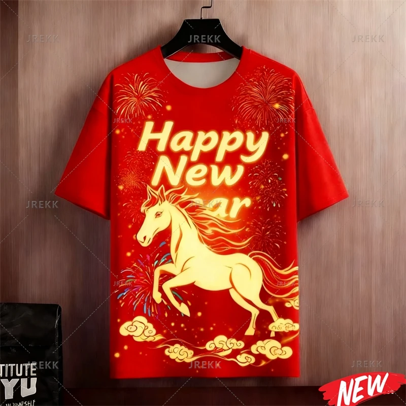New Year Of Horse Pattern T-shirt Men Red Horse Year T Shirt Tops Women 3d Printing Round Neck Short Sleeve Oversized Tee Shirts