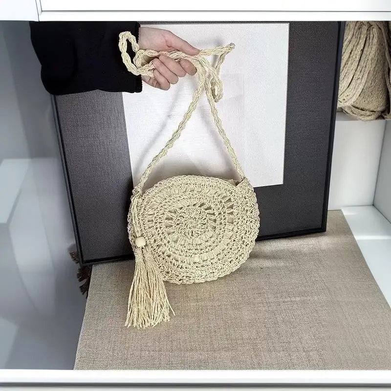 Round Hollow Rattan Shoulder Bag Bohemian Handwoven Straw Tassel Soft Paper Rope Bag for Summer Vacation Shopping Weekend Trips
