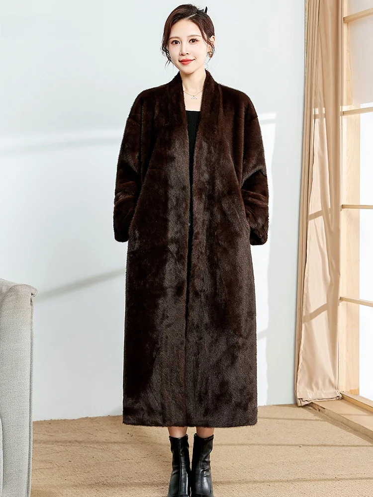 Nerazzurri Coffee Color Long V-neck Loose Fur Coat Women's Fashionable Eco-friendly Artificial Mink Outerwear with Belt