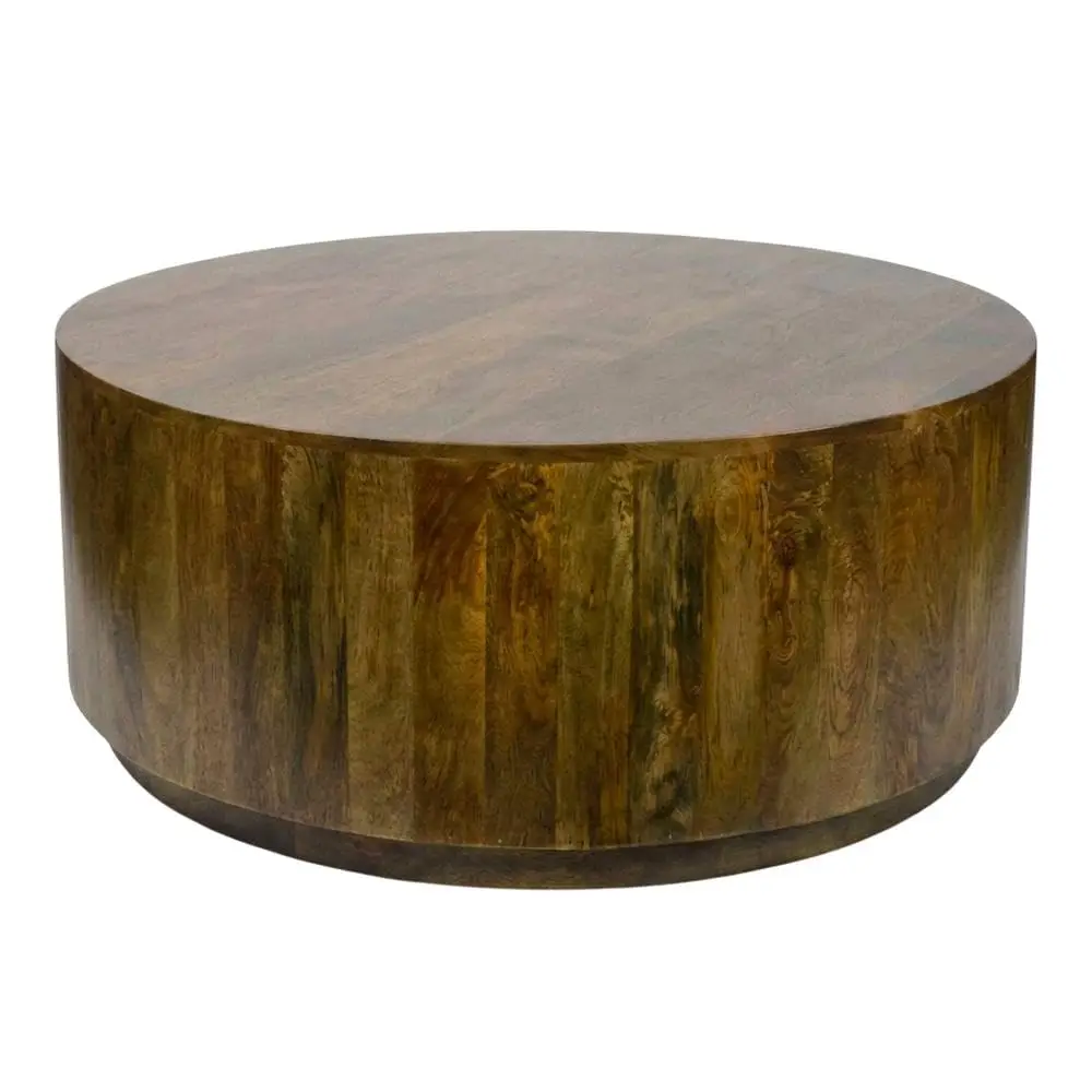 Black Round Wooden Coffee Table, Elm Finish, Mango Wood, 42-Inch Diameter, Modern Design, Lightweight, Durable, Stylish Living R