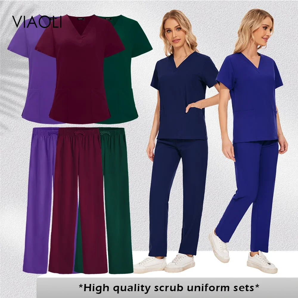 

High Quality Medical Scrubs Solid Surgical Gown Doctor Nurse Work Clothes Set Healthcare Pharmacy Worker Scrub Suit Spa Uniforms