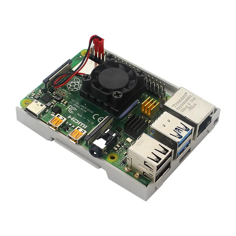 Raspberry Pi 4B Caja ABS Montaje en carril DIN Caja de protección de espacio interior grande con disipadores de calor de ventilador de refrigeración para Pi 4 Modelo B