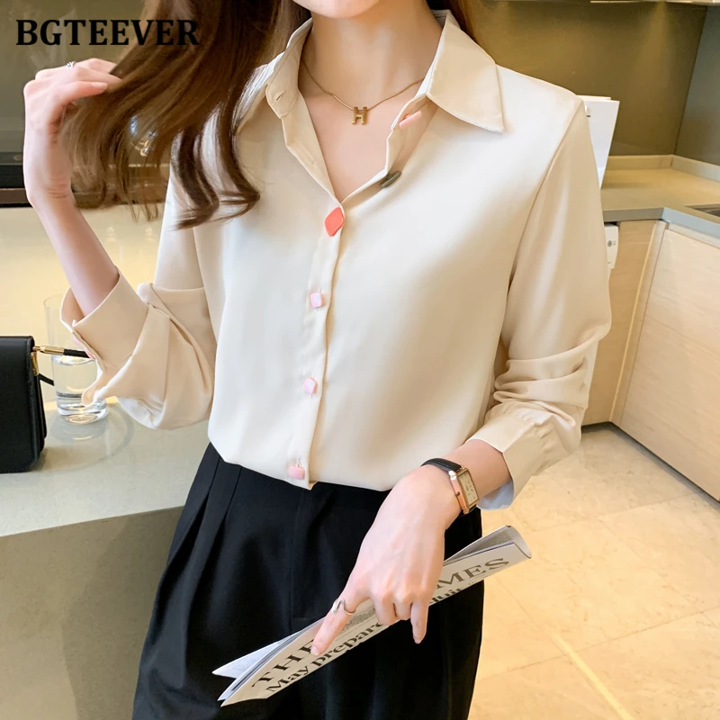 

BGTEEVER Elegant Long Sleeve Female Single-breasted Chiffon Shirts Autumn Fashion Loose Women Solid Blouse Ladies Tops Blusas