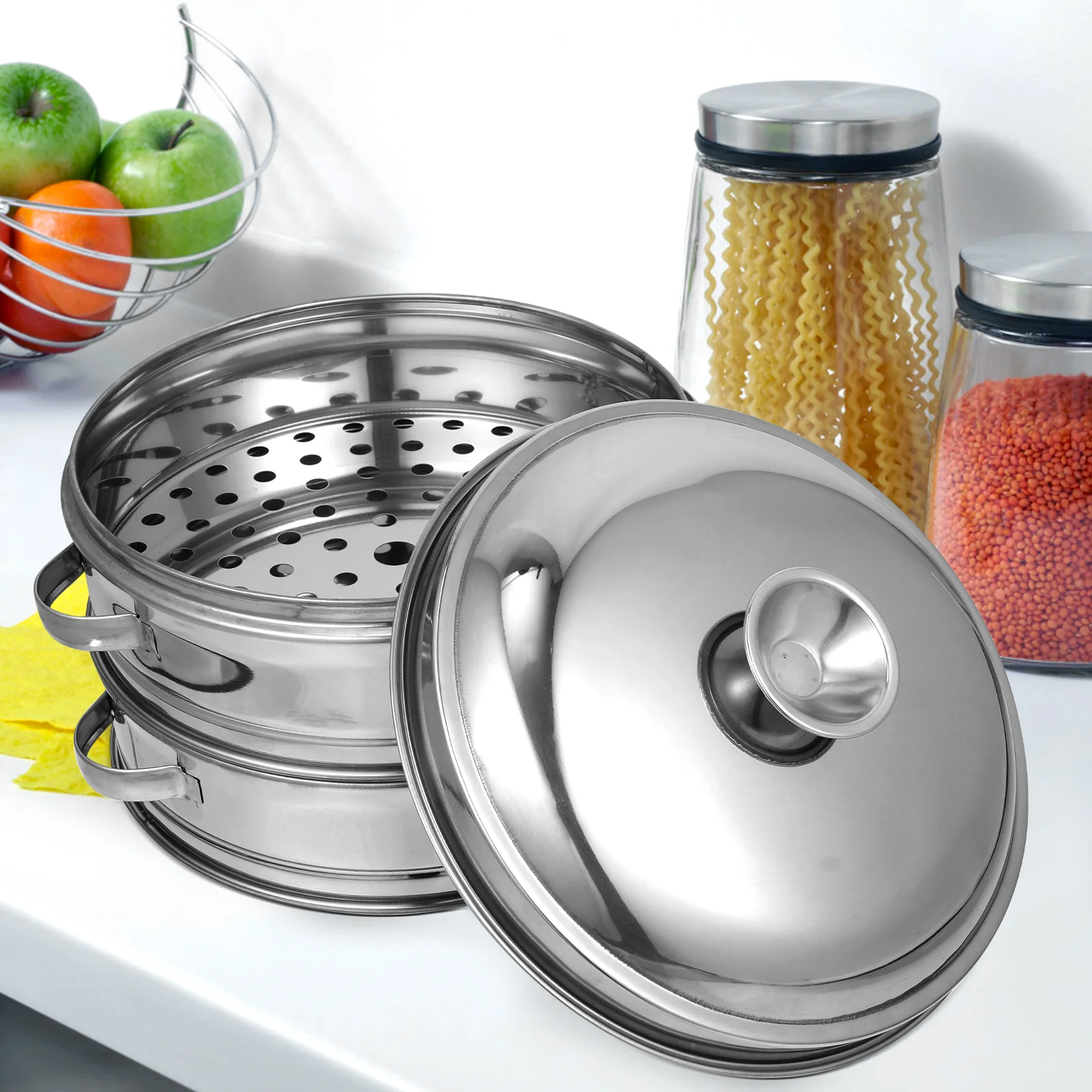 

1 set Stainless Steel Basket Large Capacity Food Steaming Pan Cooking Steamer Stackable Steam Pot Kitchen Utensils for Cooking