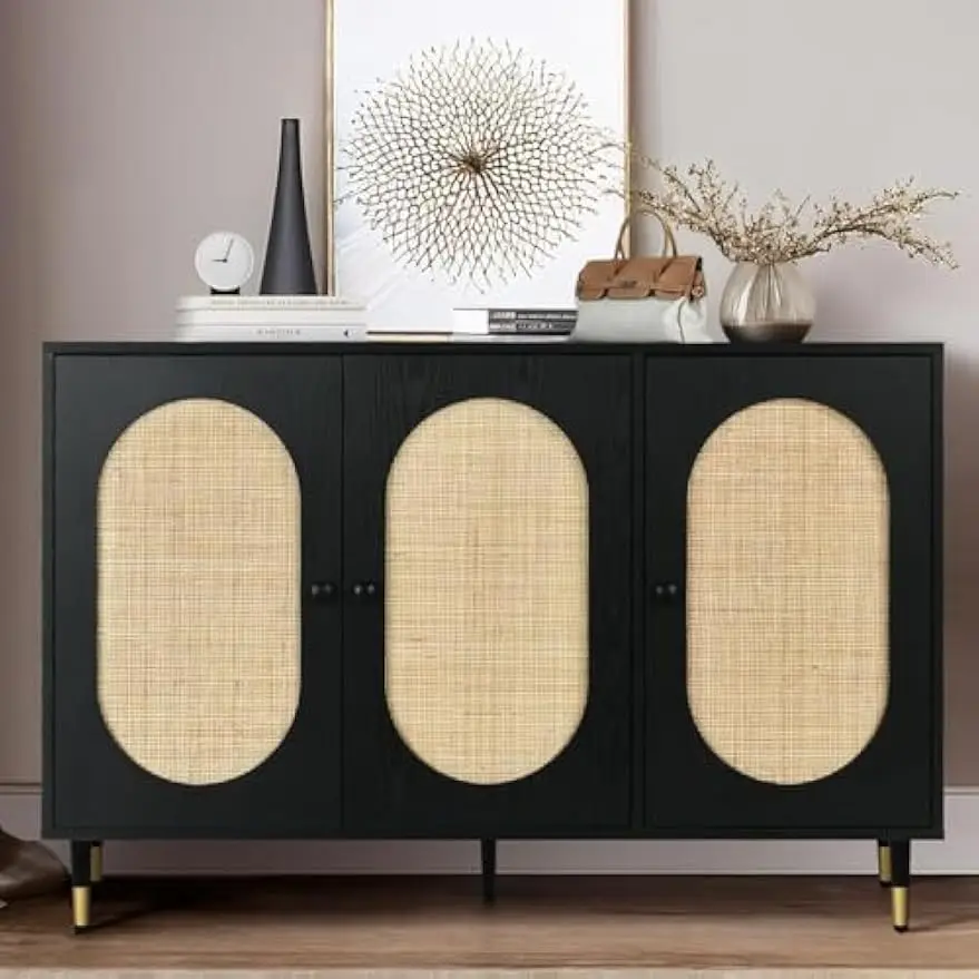 Rattan Buffet Cabinet, Rattan 3 Doors Buffet Cabinet with Storage, 47'' Sideboard Storage Cabinet with Adjustable Shelf for Kitc