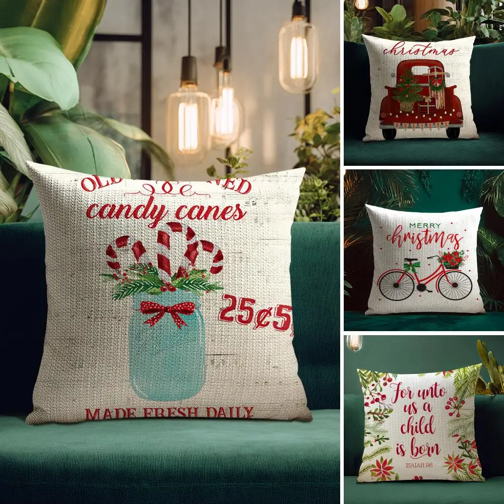 Merry Christmas car Pillow Case Natural Linen Organic Fabric Double-Sided Printing Breathable Perfect for Home Decor