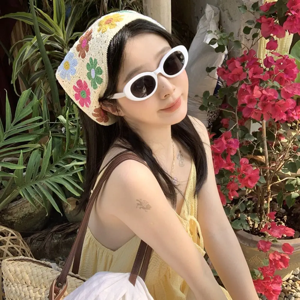 

Милая повязка для волос, вязаная повязка на голову с цветочным цветком, женский шарф для волос, пасторальный богемный треугольный тюрбан, детский