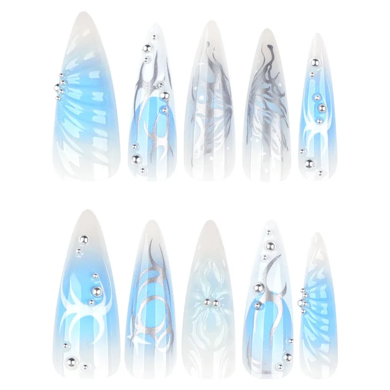 24 Stück Y2k Blaue Französische Künstliche Nägel 3D Blumen Metallisch Silberne Schmetterlinge Mandel-Form Falsche Nägel Süße Coole Lange Stiletto-Nägel zum Aufkleben