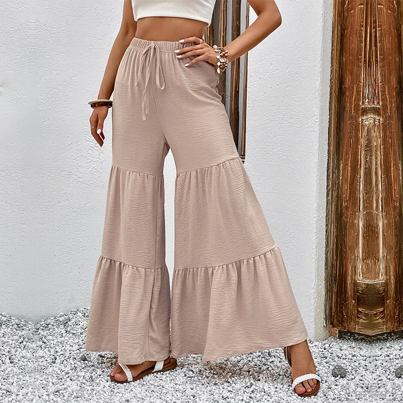 High Waist Wide Leg Loose Flared Pants Women Solid Khaki Fashion Casual Trousers Womens Summer Elastic Waisted Pleated Pants