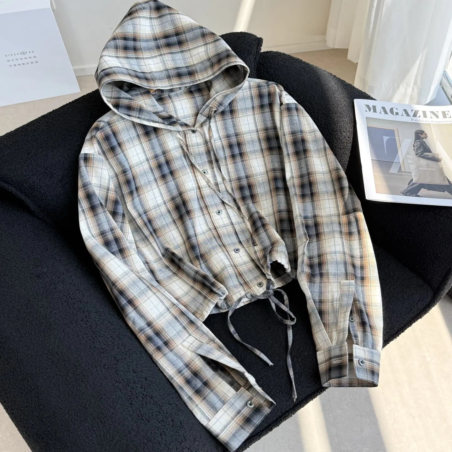 

Loose Women's Plaid Shirt Style Short Coat Casual Loose Fit Color Block Design Comfortable Hat Design Autumn Winter Jacket
