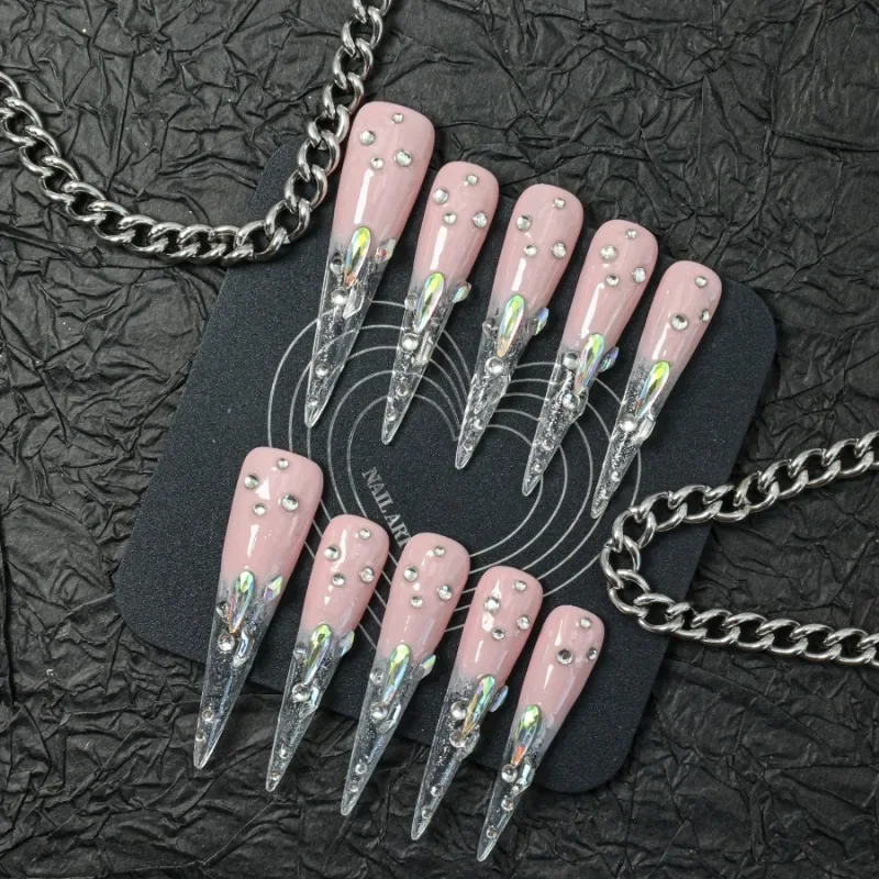 

10 Pieces of Handmade Press-on False Nails Rhinestones Y2K Long Teardrop-shaped Full Coverage Design Detachable Nail Art Set，L85