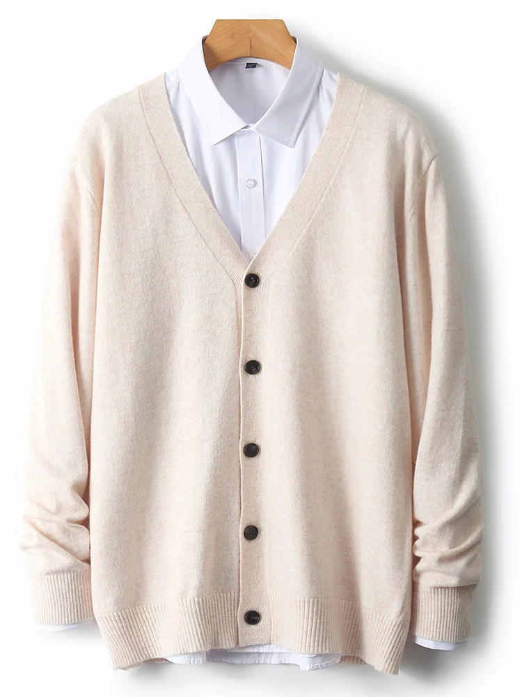 Men's Autumn Winter 100% Merino Wool Knitted Sweater V-Neck Casual Loose Cardigan Warm Comfortable Solid Basic Clothing Tops