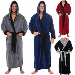 Men Nightgown Hooded Long Sleeve Color-Blocked Thickened Plush Robe Lace-up Belt Long Style Thermal Insulation Loungewear