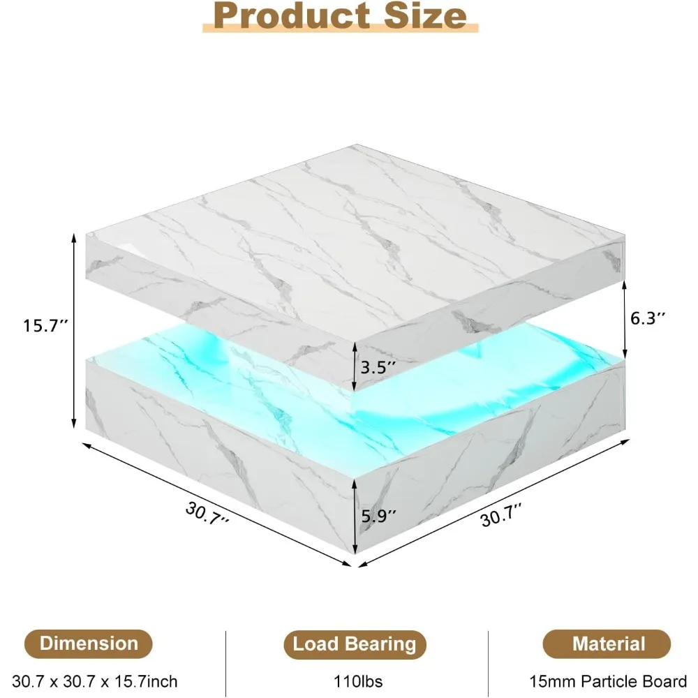 White Marble LED Coffee Table for Living Room, Living Room Table 2-Tier Square Middle Center Table, Modern Coffee Tables with