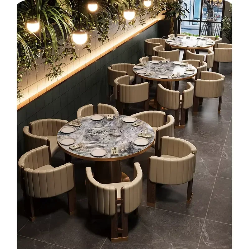 Custom Modern Western Restaurant Rectangular Dining Table Chair Set with Stone Top Steel Frame Hotel Milk Coffee