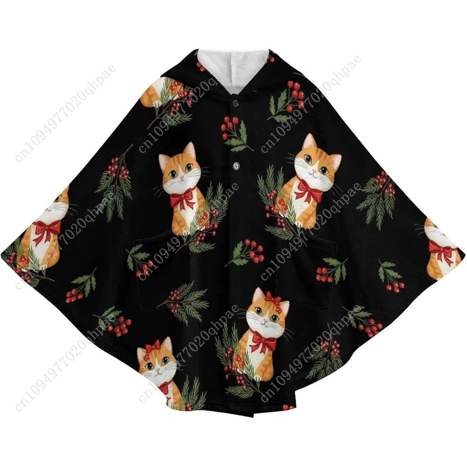 سترة بطانية مريحة من الفلانيل، هوديي كبير الحجم بأقواس حمراء للقطط مع جيوب للأطفال والمراهقين