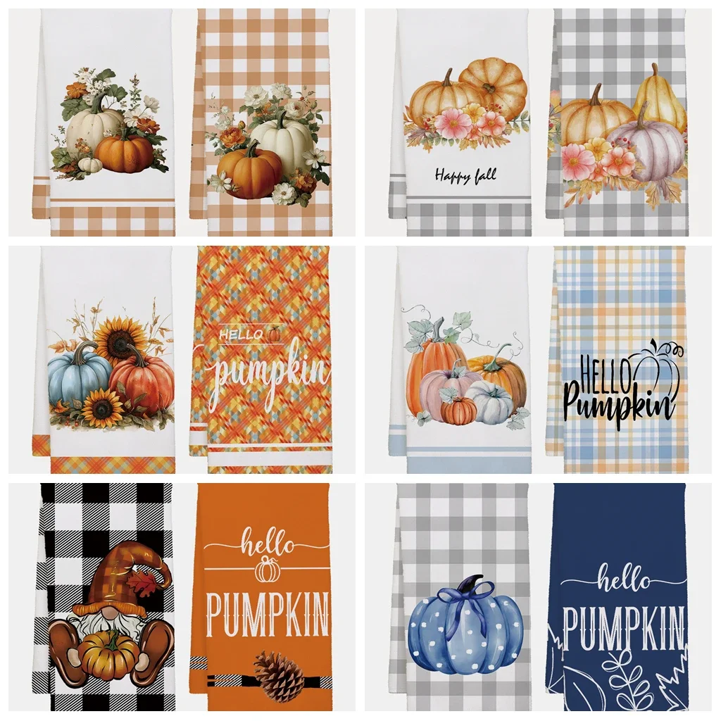 40x60cm Autumn Pumpkin Series Tea Towel Kitchen Dishcloth Pumpkin  Pattern Fall Color Pumpkin Plaid  Cleaning Cloth Gift Decor