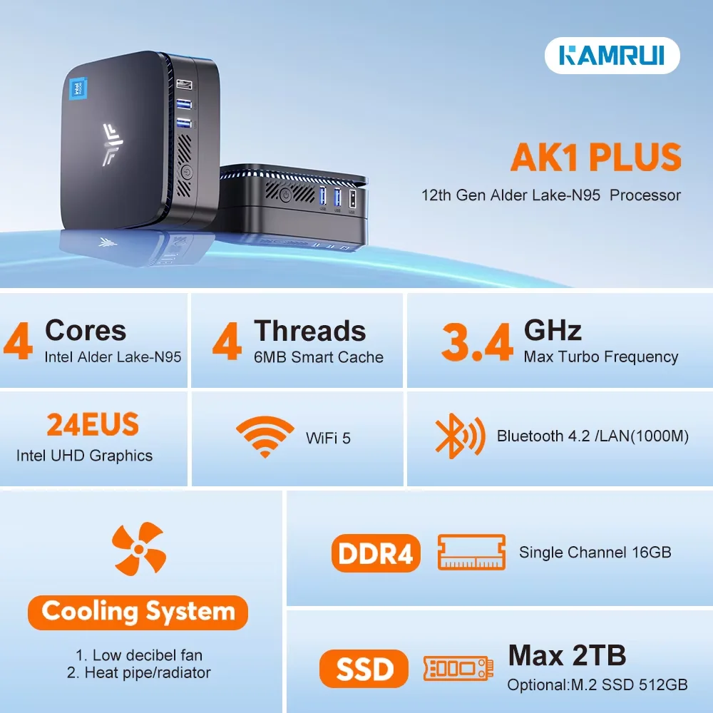 Mini PC KAMRUI AK1Plus Intel N95/N100 DDR4 8/12/16GB 256/512GB/1TB SSD Windows11 HDMI 4k@60Hz WIFI5/6 BT4.2/5.2 Desktop Computer