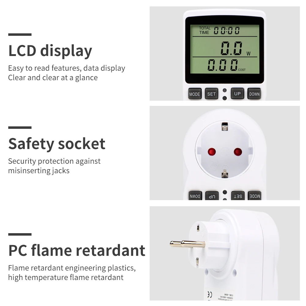 Digitaler LCD-Leistungsmesser, Wattmeter, Steckdose, Leistung, Kwh, Energieverbrauch, Messung, Steckdose, EU/US-Stecker, Überlastschutz, 230/120 V – Detail 8