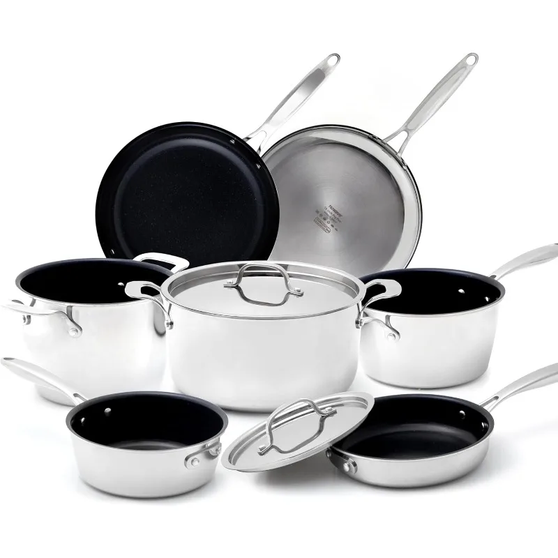 

9pc Stainless Steel Cookware Set Tri-Ply Heavy-Duty Construction Non-Stick Ceramic Coating Induction-Ready Works on All Cooktops