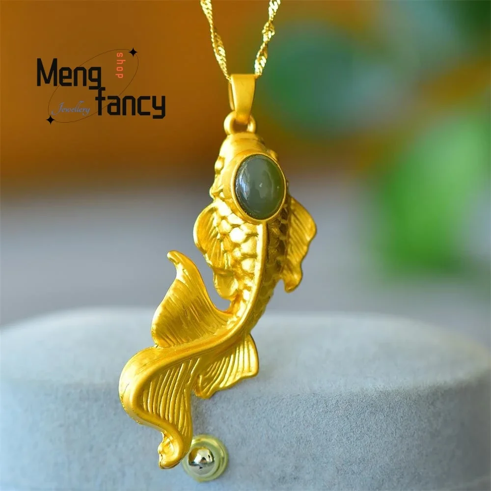 

Copper Inlaid Natural Hetian Jade The Year of Good Fortune Carp Pendant Personalized Exquisite Fashion Fine Jewelry Holiday Gift