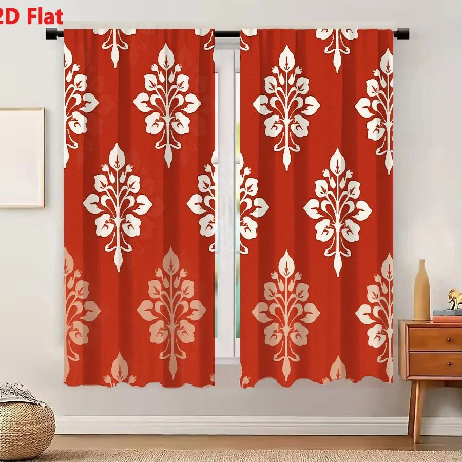 2Pcs Curtains 2D Flat Seamless Terracotta Damask Floral Pattern With Cream And Dusty Rose Motifs Window Drapes for Bedroom Room