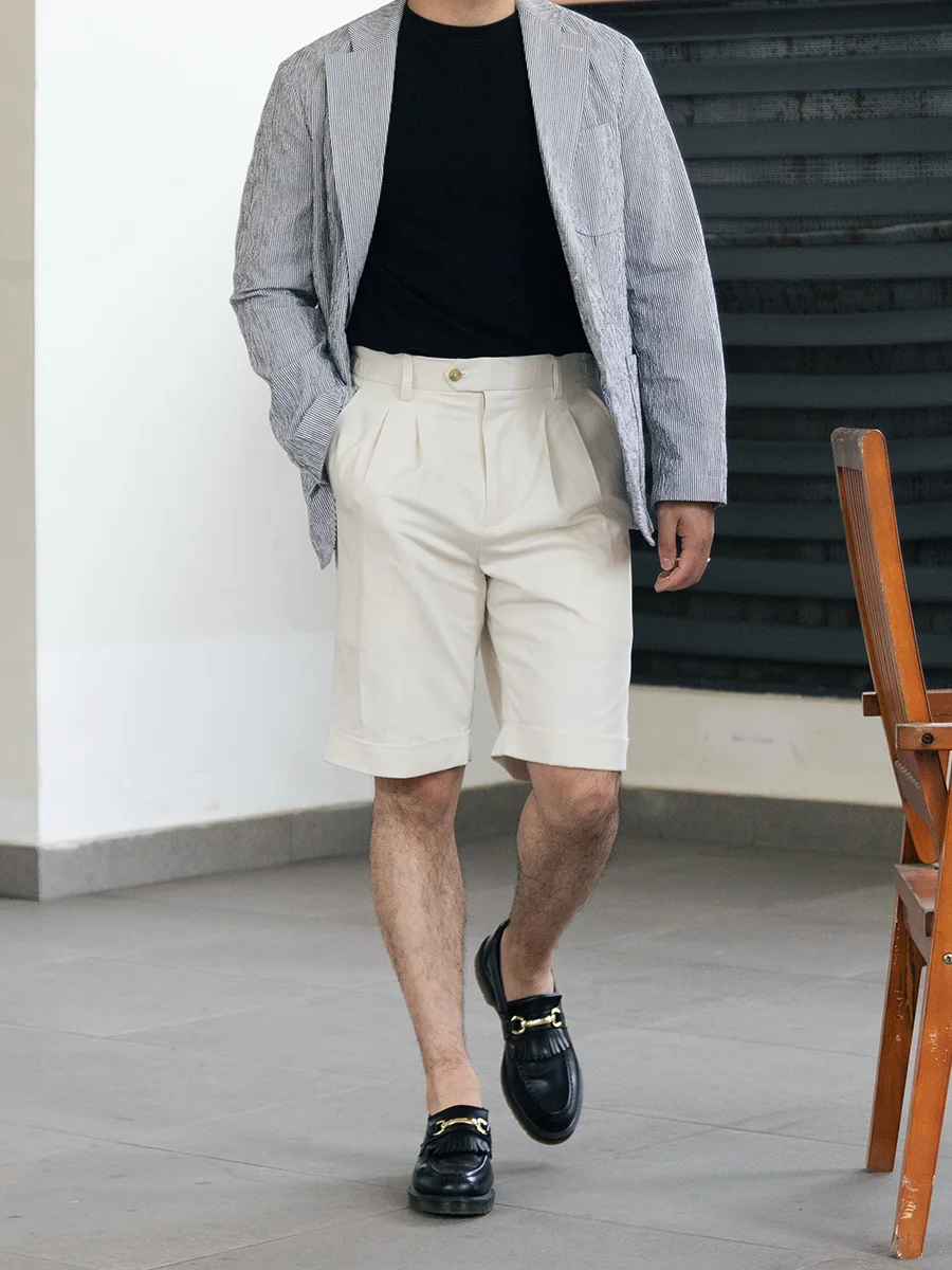 Effortless Elegance｜Classic Bone Beige Linen-Cotton Men's Shorts: Relaxed Fit, Adjustable Waistband, 5-Inch Inseam,