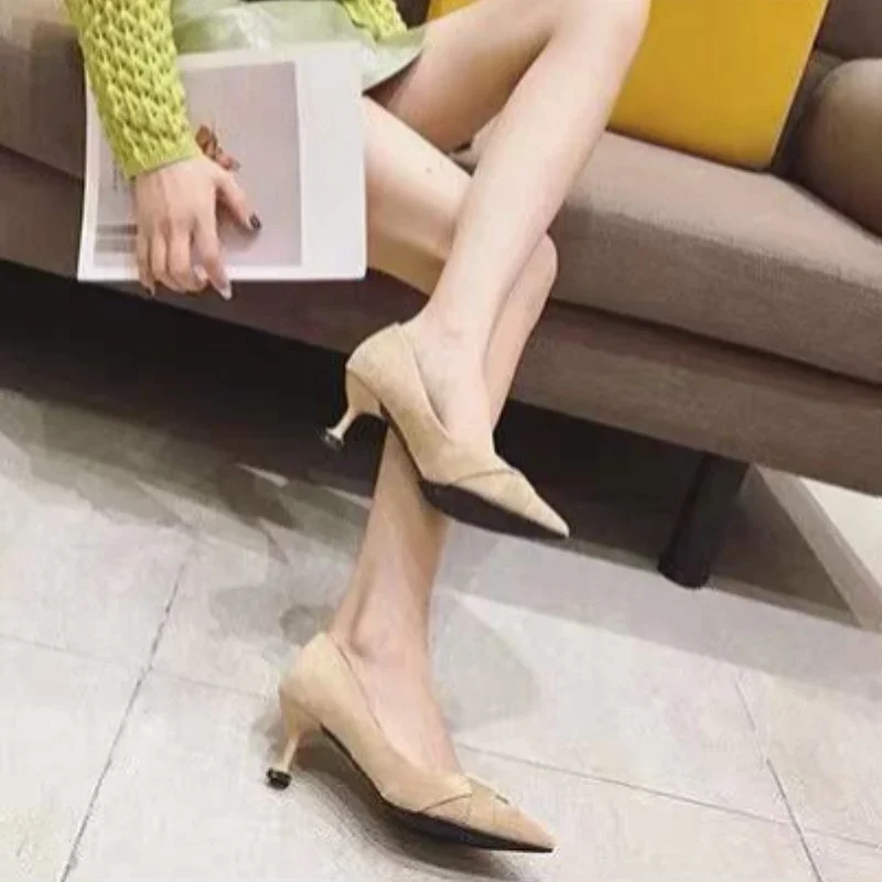 

Женская обувь с острым носком на среднем каблуке, женские туфли-лодочки на шпильке, офисная быстрая доставка, элегантное платье, высокое качество, корейский стиль