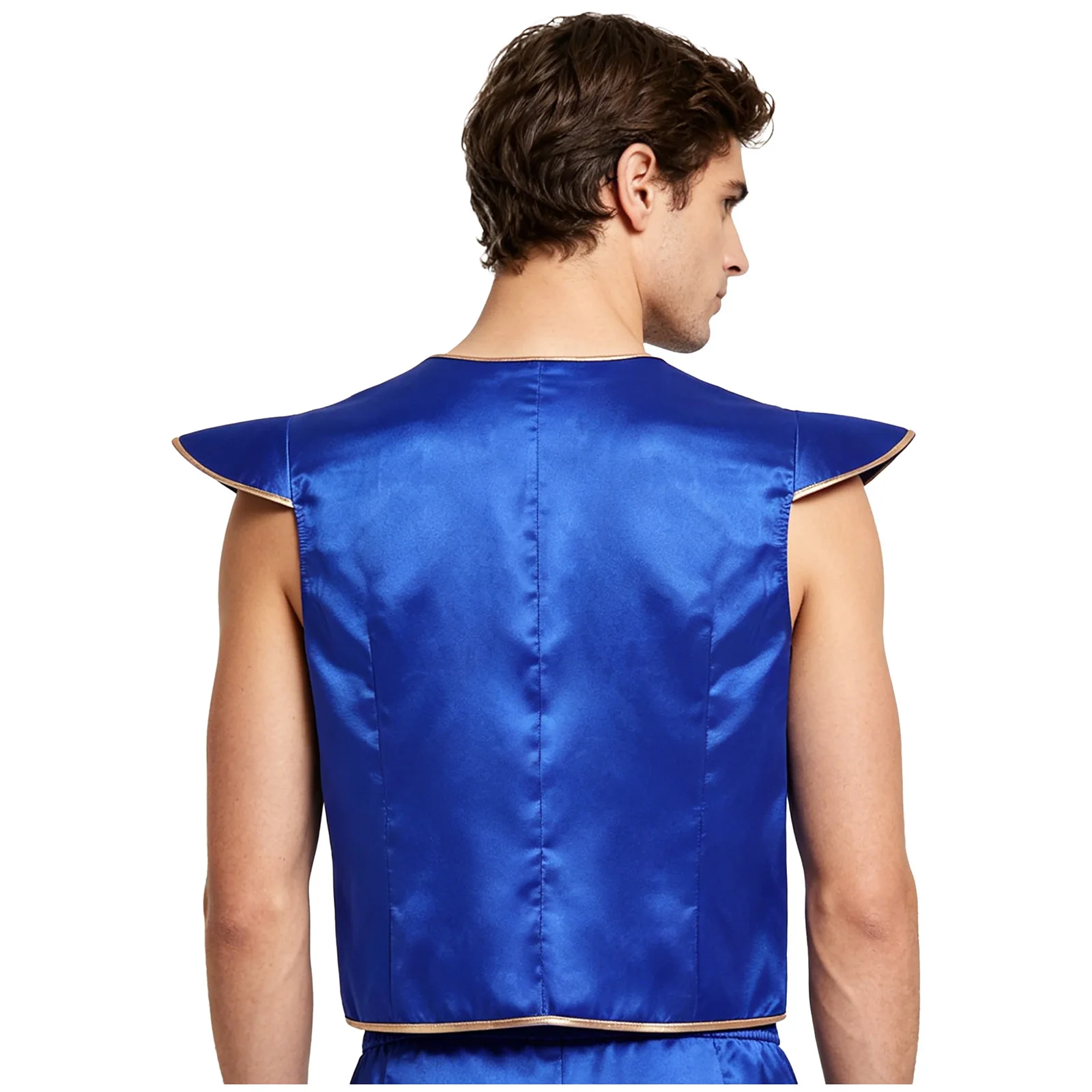 Mens Arabian Prince Cosplay Costume Halloween Vest Fly Sleeve Open Front with Tying Detail Metallic Shiny Trim Satin Tank Top