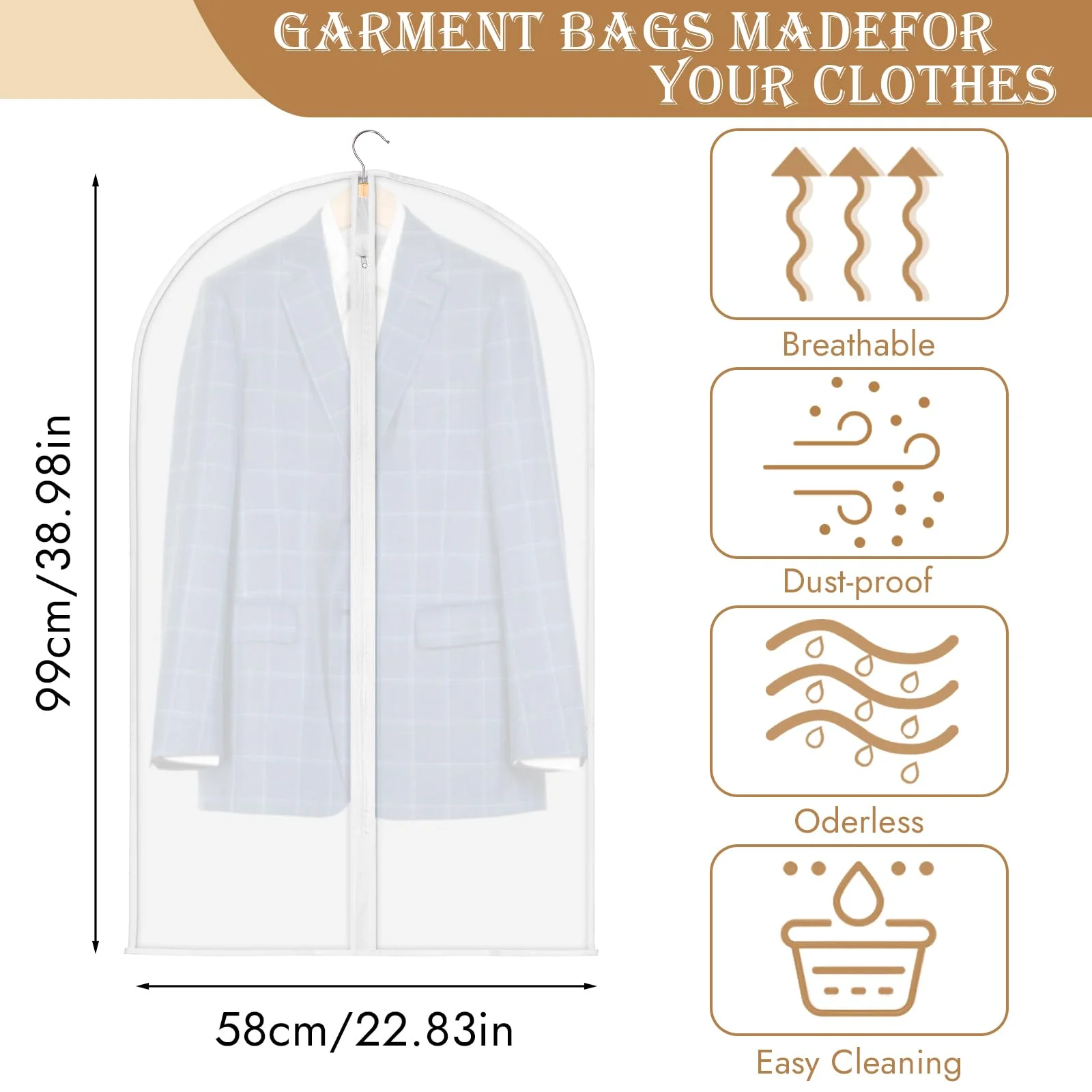 12-Pack Garment Bags for Hanging Clothes, Zippered Suit Bags for Travel, Translucent Clothing dust  Covers