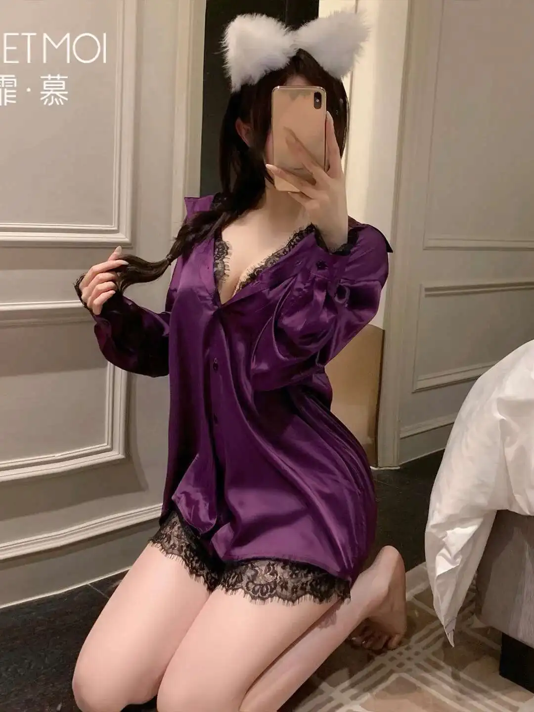 مثير الرغبة النقية بلون تفريغ الدانتيل فستان كاجوال جميل بأكمام طويلة وزر فستان أنيق ساحر للمرأة G43Q