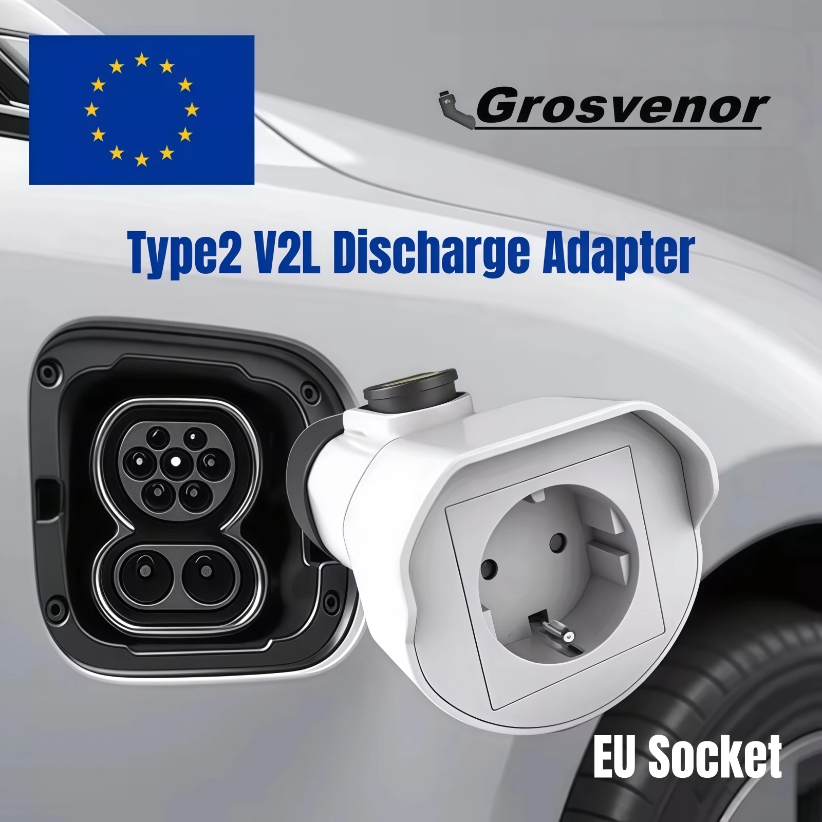 Type 2 V2L Discharger Adapter 16A 3.5KW Type2 Electric Car Discharge Plug with EU Socket for BYD Jaecoo MG Renault KIA Camping