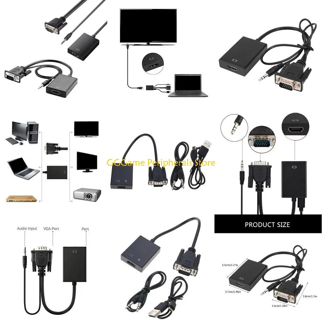 

U55B VGA to HDMIcompatible Adapter Converters with 3.5mm 1080P VGA Input Source to Monitors LCD Connectors