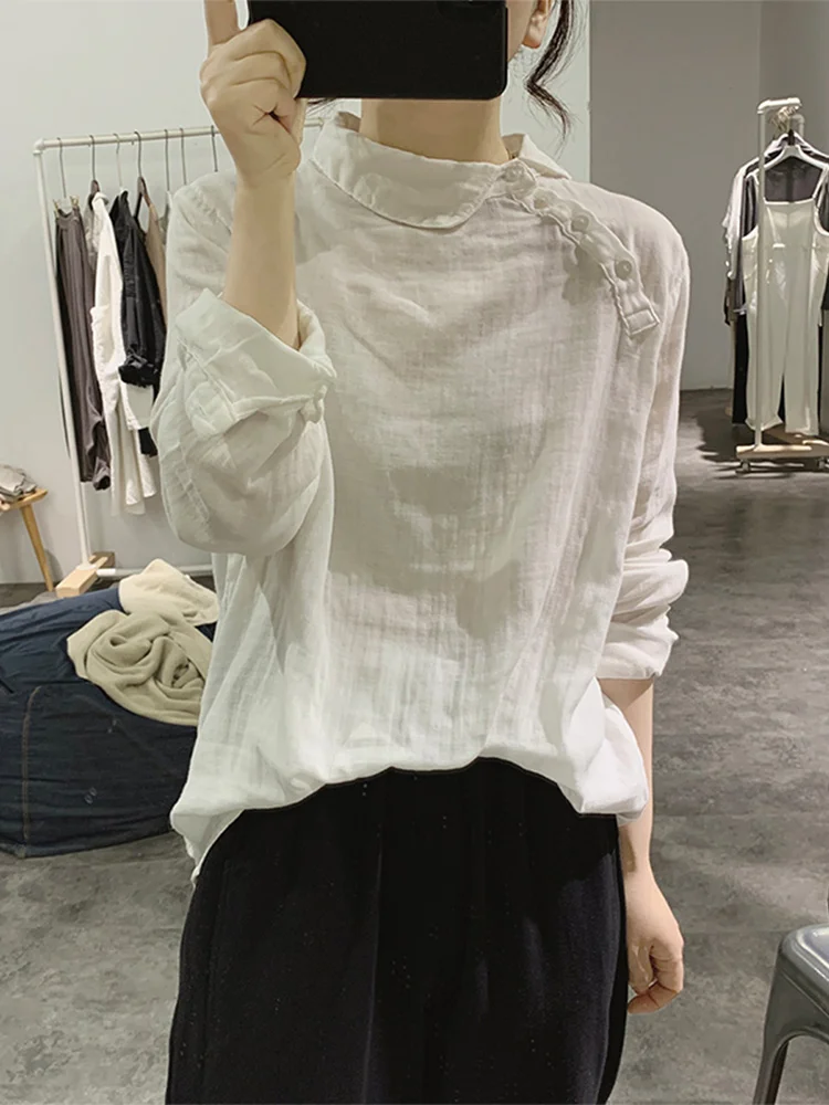 

Loose Long Sve Pure Cotton Women's irt f High Collar Sweatirt Sle Commute Artistic Design Button Detail