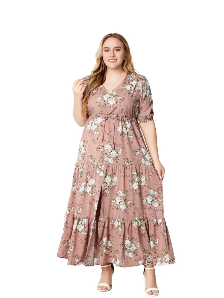 Plus Size Summer Flower Floral Print V-Neck Dress Women Ruffle Pleated Modis Split Ladies Dresses Loose Casual Woman Long Dress