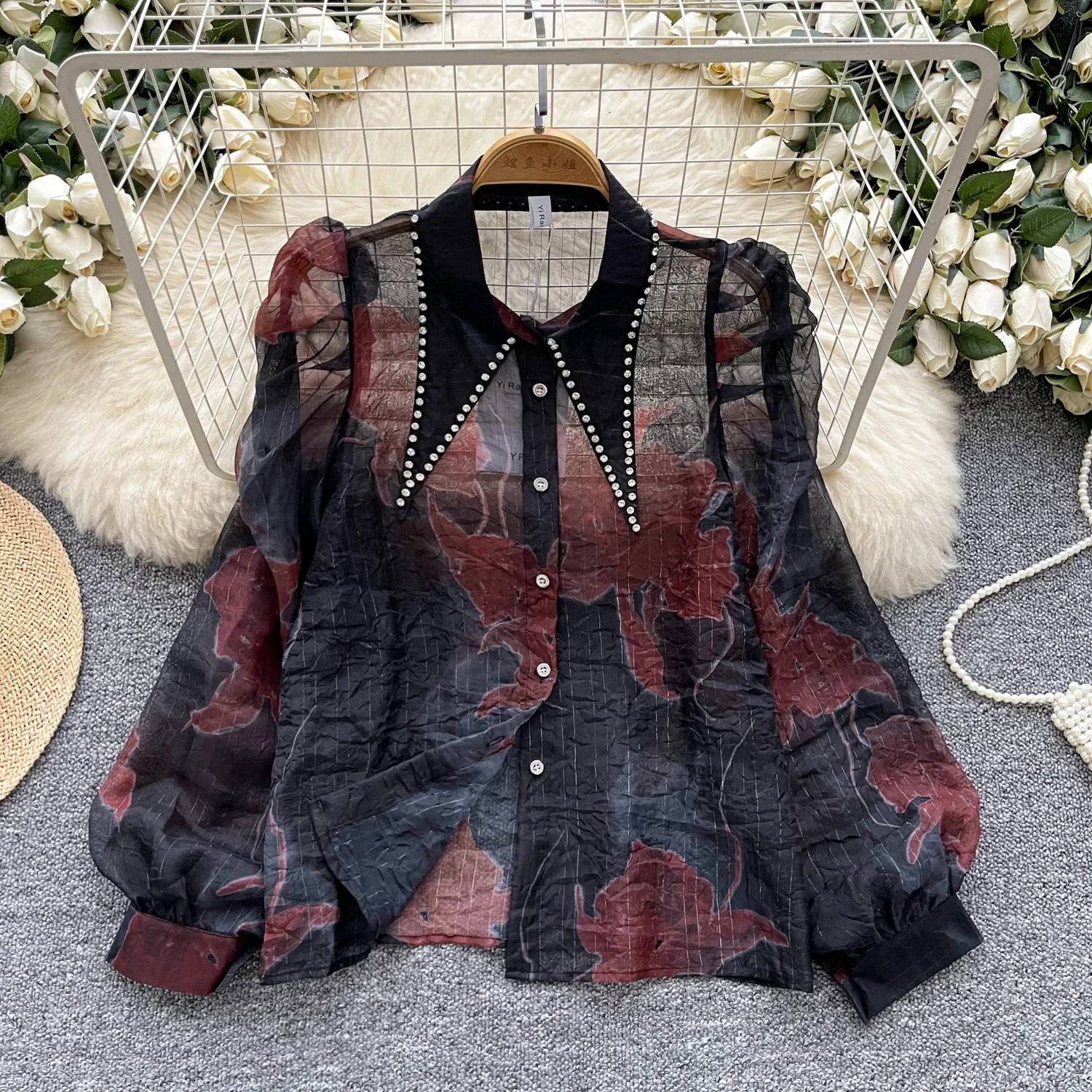 Chic Turn-down Collar Vintage Rhinestone Pleated Lantern Sleeve See Through Korean Women Streetwear High Street Autumn Blouse