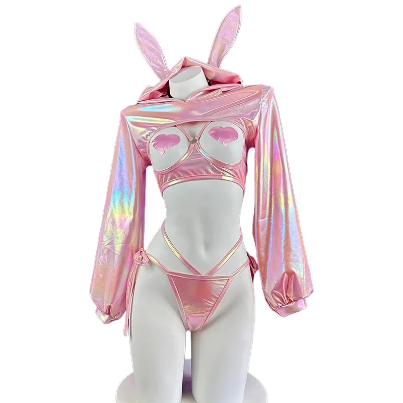 

Sexy lingerie anime bunny girl cosplay pink laser patent leather bikini rabbit girl shiny Halloween underwear