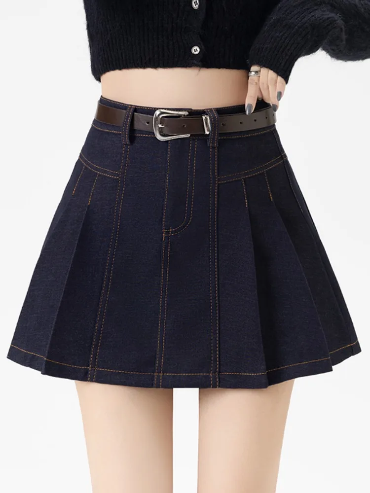 Cintura alta a linha saia feminina outono design sentido plissado retro falso denim saia efeito de emagrecimento ci walk sle