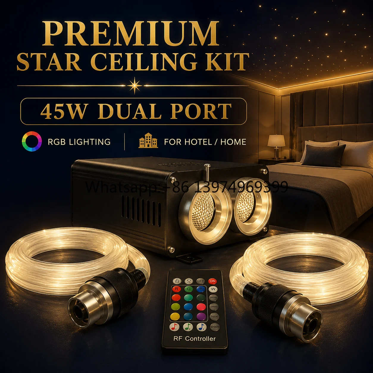 RGB Fiber Optic Star Ceiling Light Kit 45W Dual Port Light Engine with 2400pcs PMMA Fiber Option