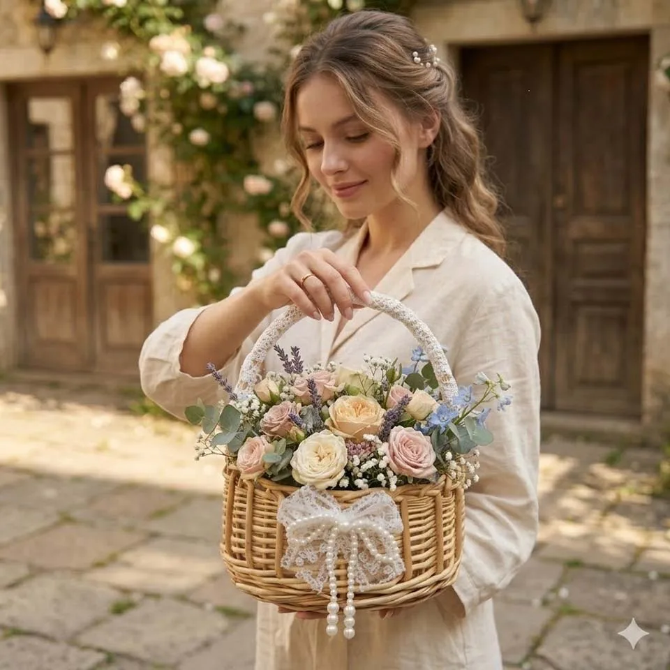 1pc Hand-woven Wedding Flower Basket With Handle Wicker Sundries Basket Wedding Flower Basket For Home Picnic Storage Basket view 2