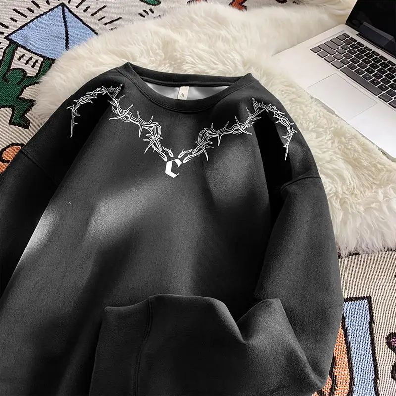 

Толстовка большого размера с круглым вырезом и принтом, свободного кроя, плотная, повседневная, брендовая, осенне-зимняя, модная, в уличном стиле, Ins Jaet Street Sle