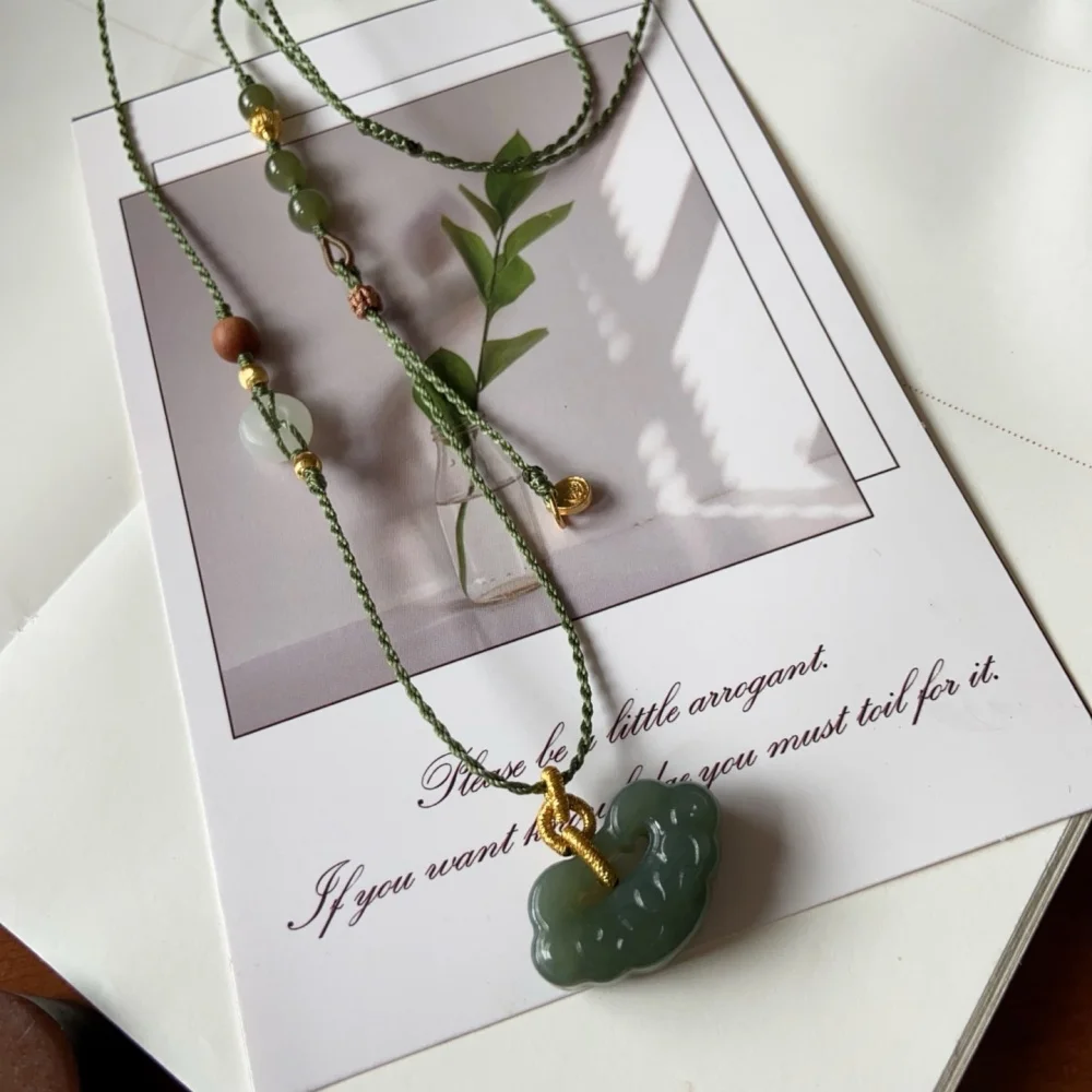 Natural Hetian Jade Lucky Necklace String Charms Handmade Fortune Energy Mineral Woman Amulet Jewelry Gift 1PCS