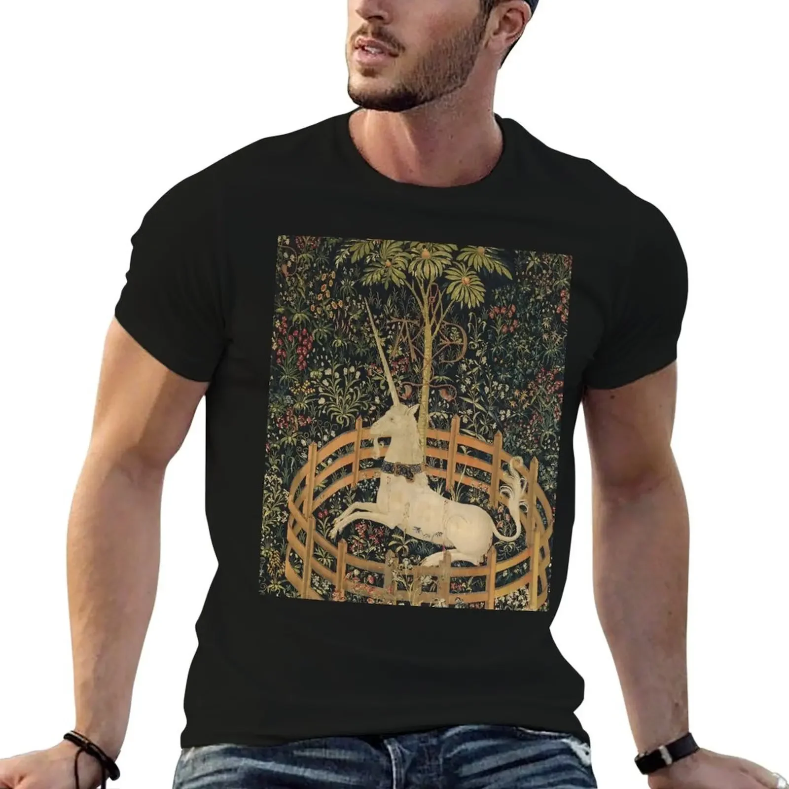 Medieval Unicorn In Captivity Floral Tapestry T-Shirt Blouse aesthetic clothes vintage graphic tee anime shirts men