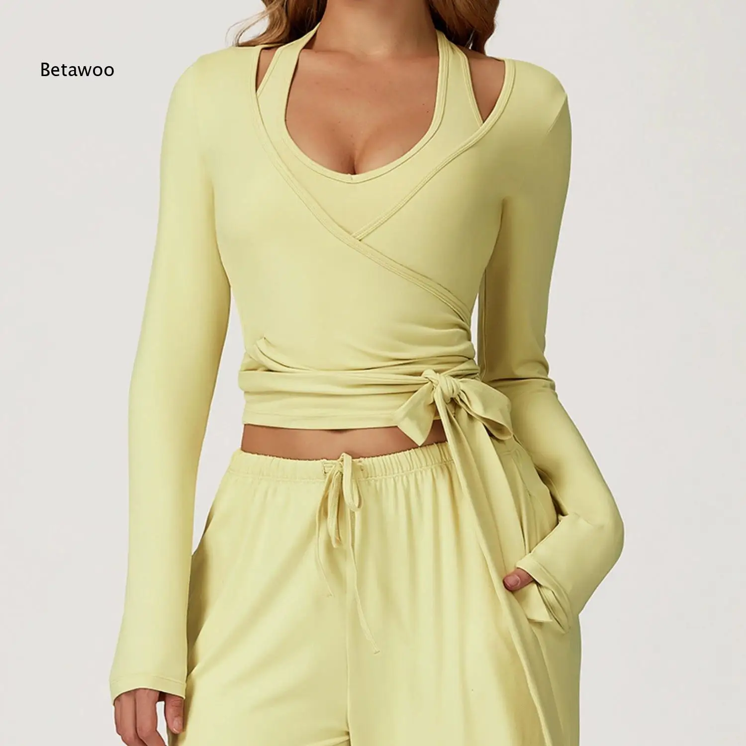 Women's Long Sleeve Wrap Front Crop Top Tie Side V Neck Casual Blouse Stretchy Fitted Athletic Yoga Shirt Layering Basic Tee