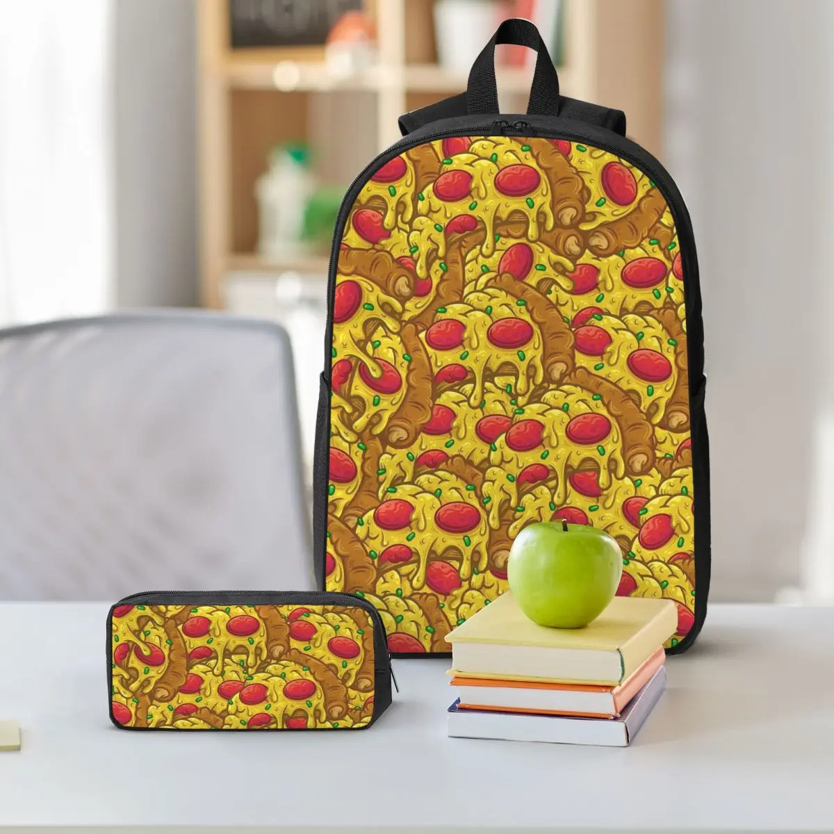 Cartoon Pizza And Cheese Pattern Backpack Boys Girls BookBag School Bag Shoulder Bags 3ps Insulated Lunch Bag Pencil Case