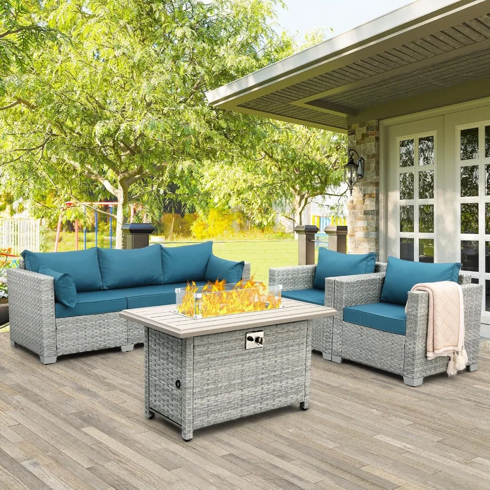 

Outdoor Patio Furniture Set, 4 Piece Wicker Furniture Patios Sets , PE Rattan Patio Chairs Couch with Fire Pit Table, Cushion