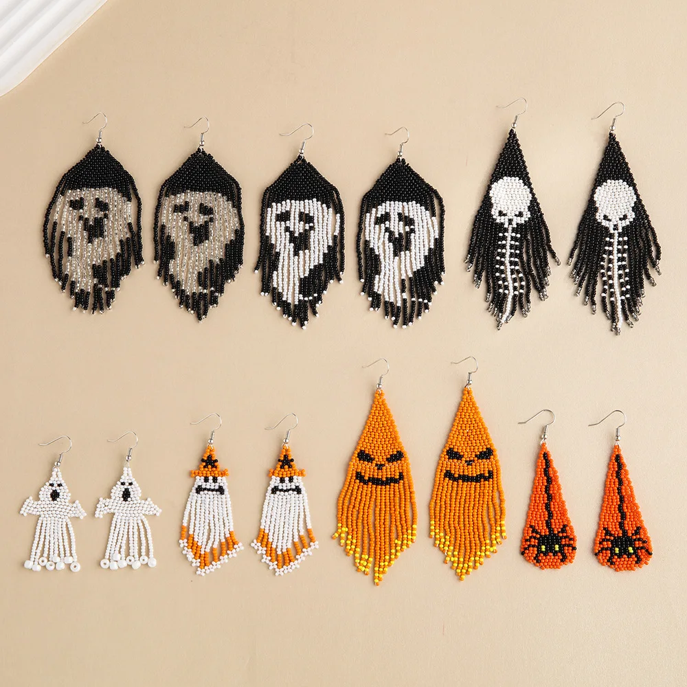 

New Boho Style Rice Bead Tassel Earrings Hand Woven Halloween Ghost Pattern Drop Earrings for Women